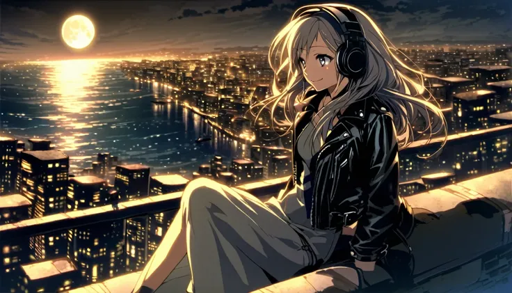 Wearing headphones and a leather jacket, Sitting on the edge of a rooftop at night.One woman in her early 20s with an anime face、 The city lights are shining behind her, And the moon reflects in the sea. She is smiling and enjoying the music, He doesn&#39;...