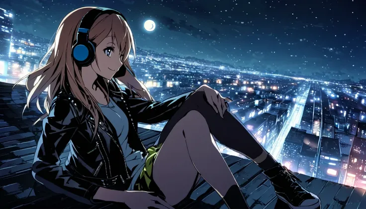 Wearing headphones and a leather jacket, Sitting on the edge of a rooftop at night.One woman in her early 20s with an anime face、 The city lights are shining behind her, And the moon reflects in the sea. She is smiling and enjoying the music, He doesn&#39;...