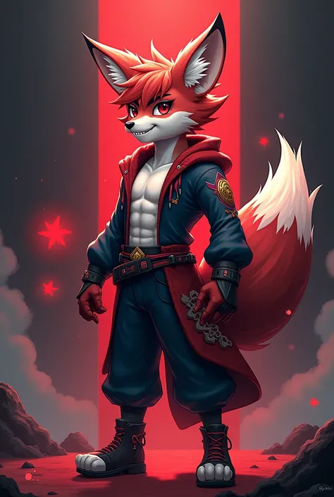 generate a Demon Slayer anime style character, half human half fox in red black and white colors. Mascote de time de e-Sports 