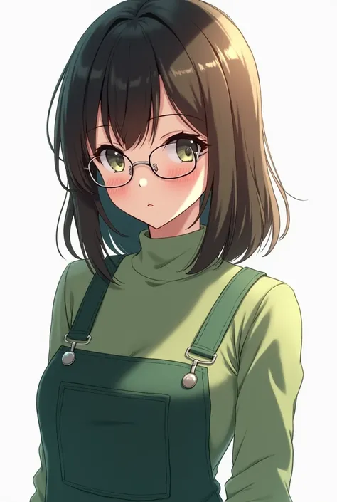 The background is white, and the girl is an anime-style girl wearing glasses and a green overall with a long sleeve and collar. Her breasts are slightly visible.