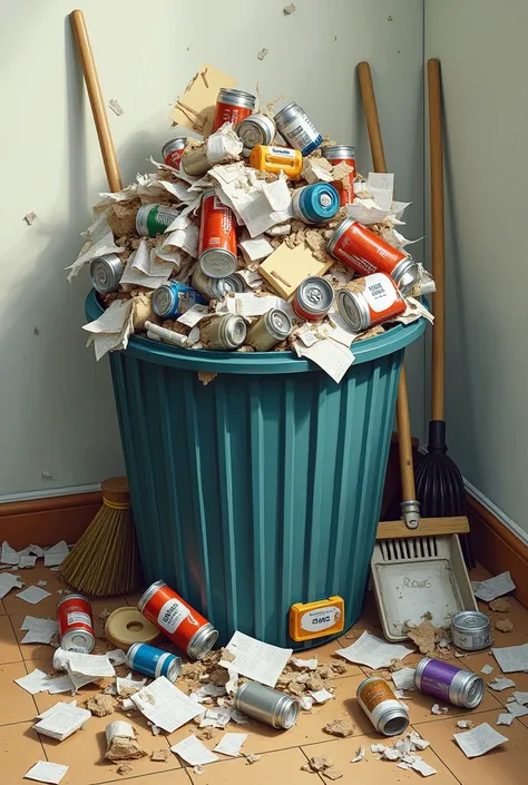 A trash basket full of paper and cans is located in the corner of a room. There are also crumpled and torn papers, brooms and trash shovels scattered around the edge of the basket.
 Describe the situation from a close-up with an emphasis on form, space, in...