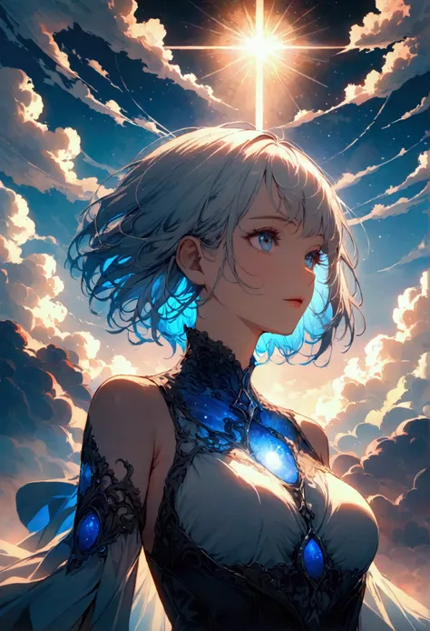 woman， Flowing silver short hair, Eyes of the Universe,  Beautiful sky, Beautiful Clouds, In summer，Increased resolution