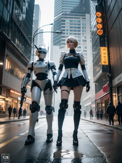 nspired,masterpieceabadon city,2b,nier automata, mecha armor, realistic, ,white suit,mecha leg,neon suit,detailed white skirt,me...