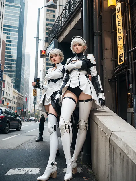 nspired,masterpieceabadon city,2b,nier automata, mecha armor, realistic, ,white suit,mecha leg,neon suit,detailed white skirt,me...