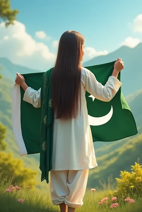 Creat a picture of a pakistani girl which is in whote kurta pajama and green dupatta, she has a pakitan flag in her hands and make sure the background is beautiful a pure pakistani background.. picture took from the back her hairs should be dark brown with...