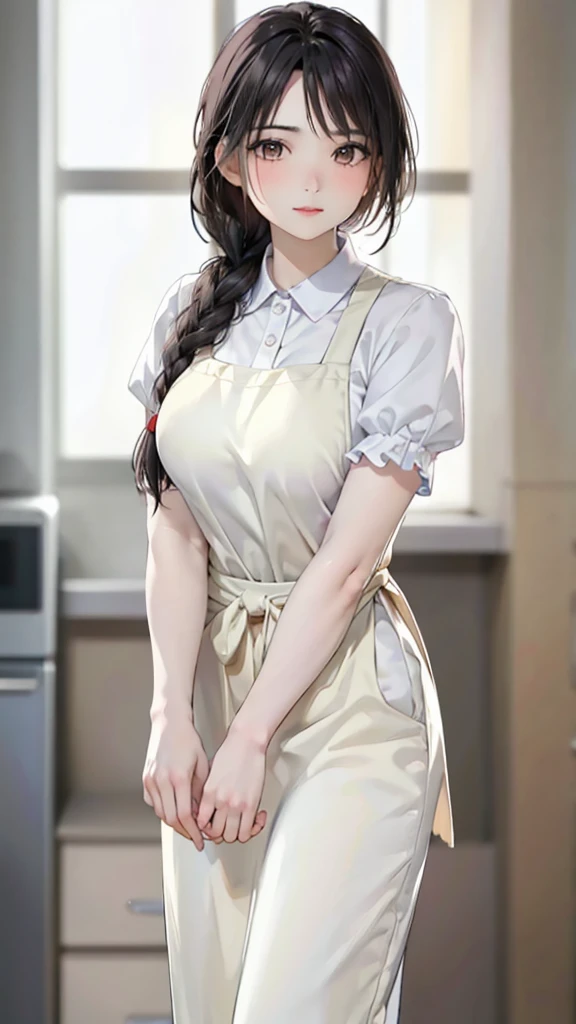 mature woman,dynamic pose,standing at attention, puffy sleeves,short sleeves, white shirt, yellow apron, black_hair,brown_eyes,s...