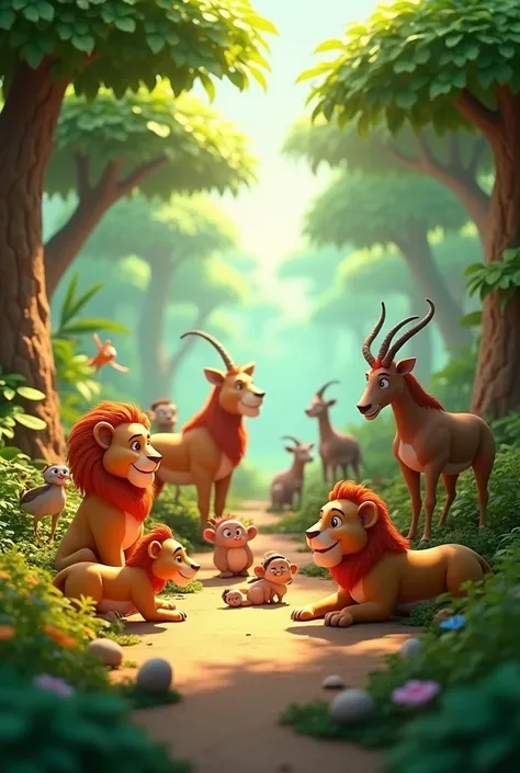 3d animation cartoon "final scene of the entire jungle community living in harmony**, with animals of all kinds interacting peacefully, sharing food, playing, and resting under the shade of the trees, symbolizing unity and friendship.