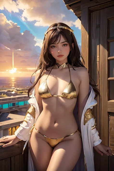 ((masterpiece, best quality, extremely detailed), volumetric lighting, ambient occlusion, colorful, glowing), 1girl, solo, young girl, (dark hair), long hair, halo, aura, sacred, goddess, cleric suit, (bikini with gold detailst:1.3), seethrough robe, outdo...