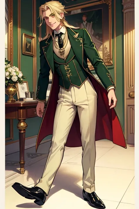 male, blonde long hair, gold eyes, (((1boy))), (((green Victorian coat))), (white dress shirt), (green pants), (black dress shoes), (red tie), handsome, long legs, smiling