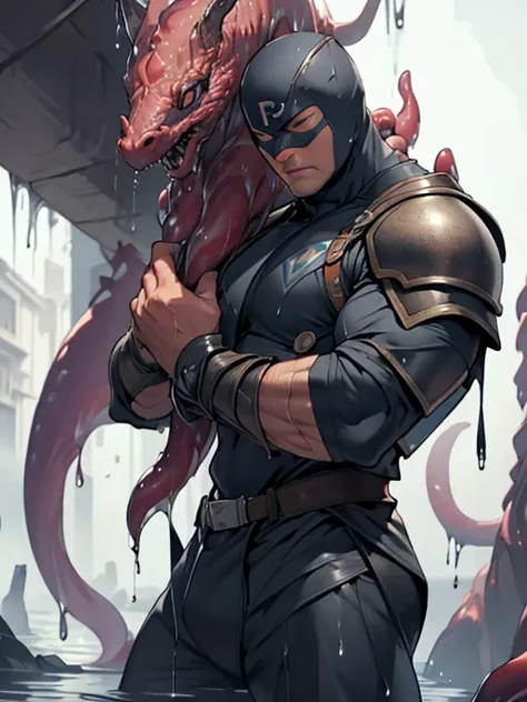 masked, superhero, hero, strong and robust male, armor, tentacle entanglement, uniform, binding hands togethe, foreign object in...