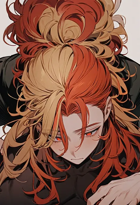 A boy with long, messy orange-red hair that is combed upwards on the back of his head and straight from the nape of his neck, reaching down to his waist. On top of his head he has three unruly blonde locks that are different from his hair color. His eyes a...