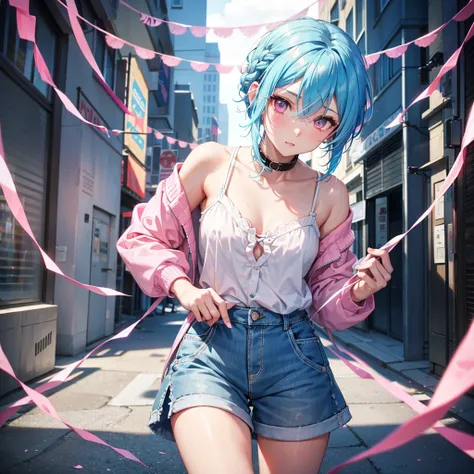 (Sky blue hair),(Braided short hair), (Pink Eyes),Fair skin) ,(whole body),(one person&#39;s),(Embarrassed),(The background is a school classroom),(Heart lettering on a blackboard),(Heart-shaped chocolate),(Hand it forward with both hands),(Sailor suit),(v...