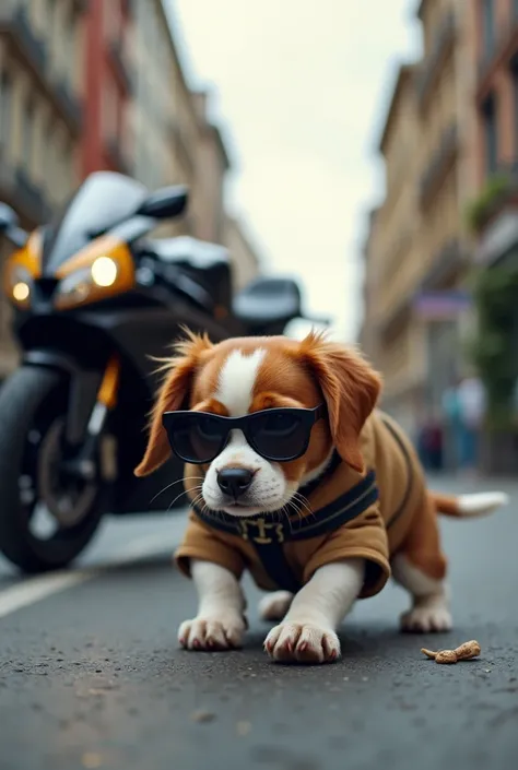 (4k , Ultra HD Quality) a dog wearing sunglass and coat and find something on the road and behind the cat there a  sports bike