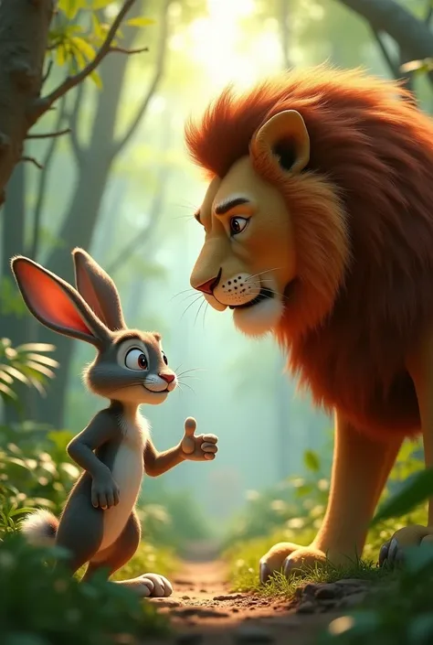 "In 3D animation style" The rabbit is seen confidently approaching the lion, who looks down at the small creature with curiosity. The rabbit is pointing towards the direction of a distant location in the jungle, trying to convince the lion.