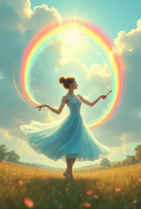 A baton twirling baton surrounded by a rainbow　morning　Clothes are light blue　one piece