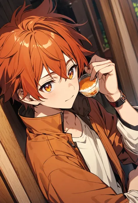 A young and handsome boy with orange-red hair and amber-colored eyes. Dressed in comfortable clothes.