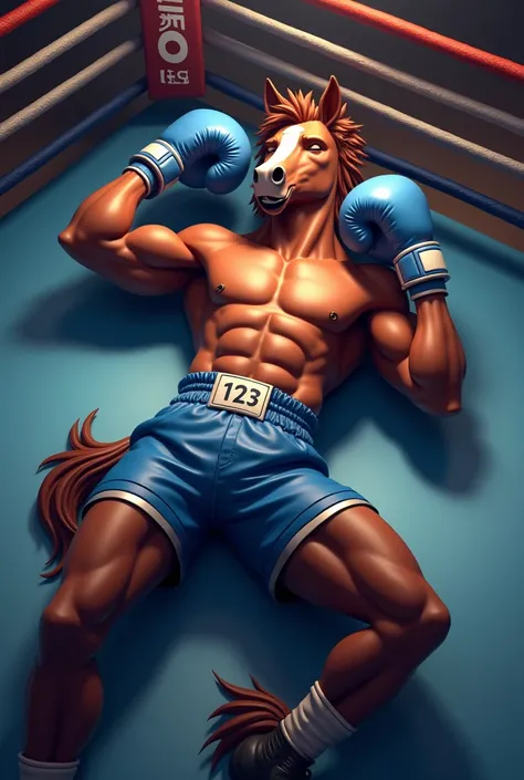 Detailed picture of a confident male anthro, (horse, chocolate brown) streached at full length on hes back on a boxing ring, trending on Art Station, Ross Tran, ruan jia, foxovh, ((tired expression, eyes closing, wearing blue shorts, ((blue boxing gloves,)...