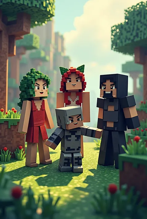 Create an image with characters that have Demeter, Eris, Ares, Pluto and Thanatos that are in the minecraft style and with the title written Sun Roleplay
