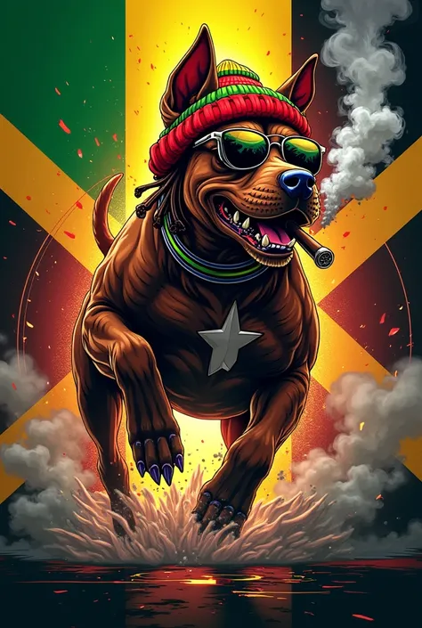 Logo text "gulai toco"full brown bull terrier dog, running roaring, brown legs, dreadlocks,wearing a hat beanie red yellow green and smoking cigar cigarette, wearing cool glasses standing, brown body color,  futuristic and dynamic design. The dog has a bep...