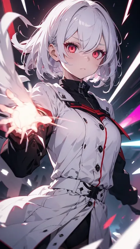 1girl, white hair, wild hair, red eyes, (white eyelashes:1.2), emotionless, red glow halo, mature, black coat, short hair, (chromatic aberration:1.2), reality break, destruction city, solo, (evil godness:1.2), digital dissolve, dynamic pose