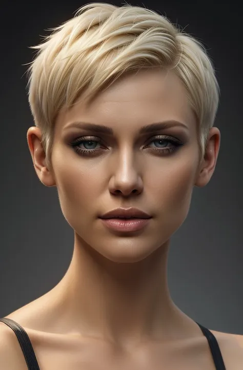 a close up of a woman with a short blond hair, a picture by irakli nadar, trending on cg society, tachisme, short blond hair, bl...