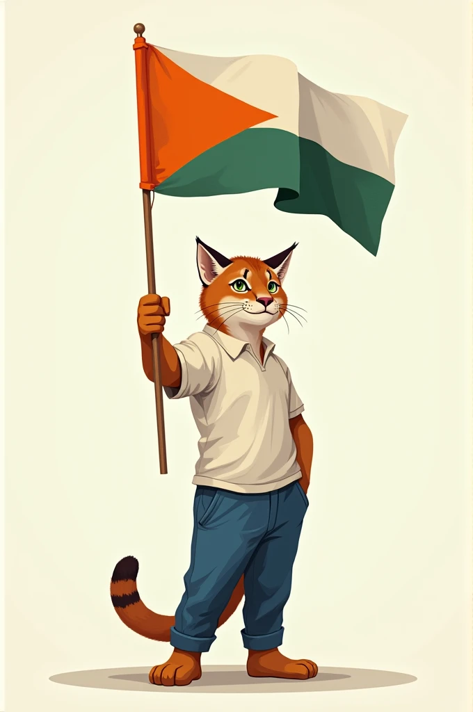 A humanized puma wearing blue pants and a white student shirt, holding a three-color orange, green, and white flag in his hand. 