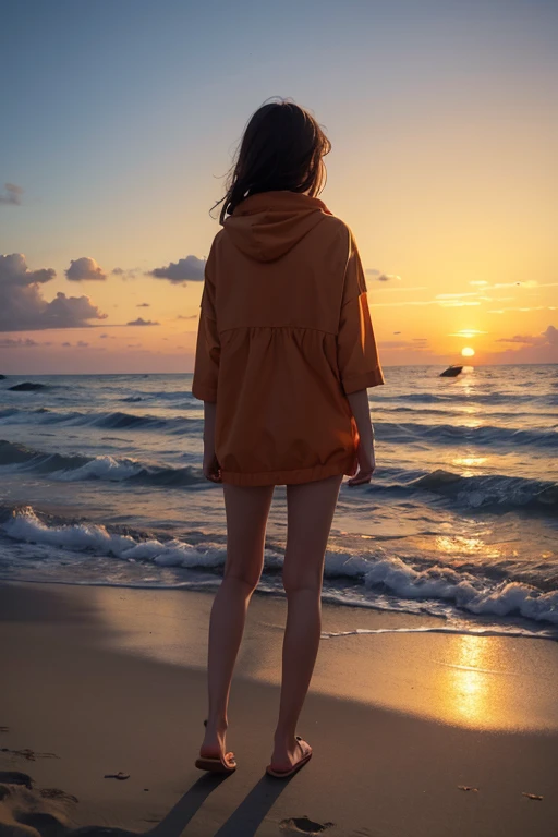 Highest quality、The beach where the sun sets、Orange sky、Shadow of a person