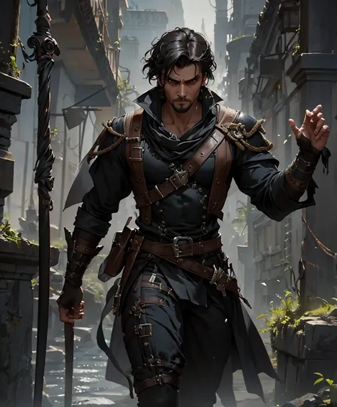 dashing male swashbuckler dressed in black.  excellent fashion sense.  attractive.  daring.  romantic.  stoic.  moody.  brooding...