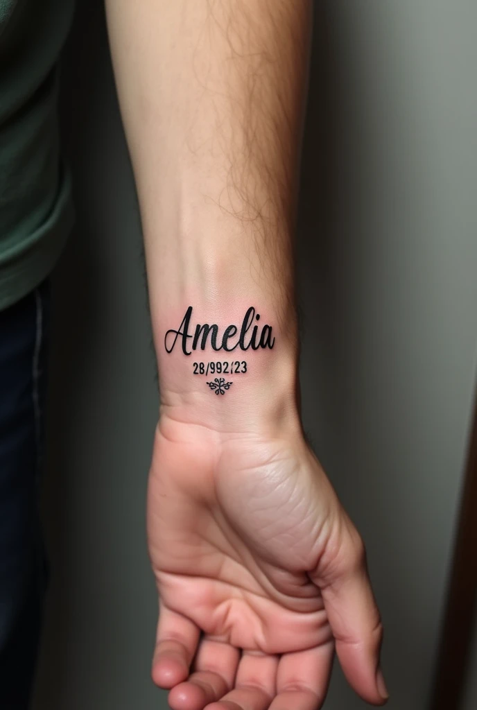 Men&#39;s wrist tattoo with the name Amelia and the date 28/09/23
