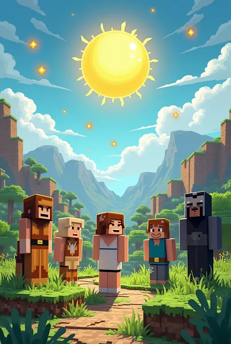 Create an image with characters that have Demeter, Eris, Ares, Pluto and Thanatos that are in the minecraft style and with the title written Sun Roleplay
