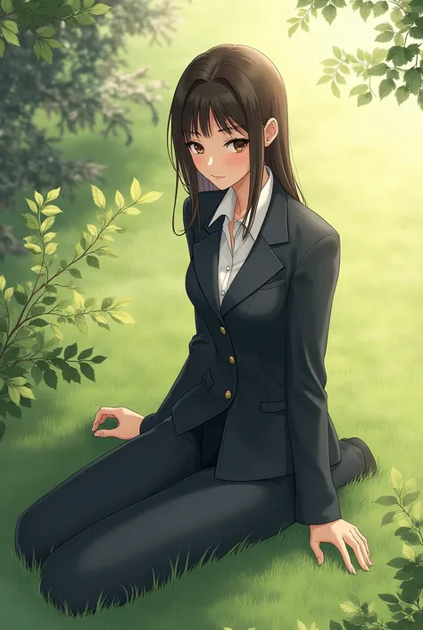 Illustration of a Japanese woman dressed elegantly in natural light、Sitting on the grass、Wearing a blazer uniform