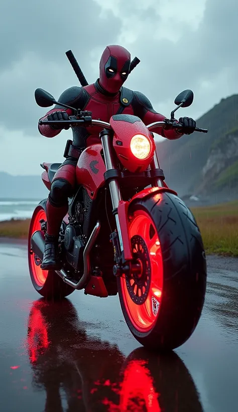 close range photo of a Cybernetic Deadpool. riding and posing on a big red cybernetic tron motorcycle with glowing red neon wheels. wet asphalt road. background of cliff and sea shore. raining. puffy dark clouds. reflection. 8k. uhd