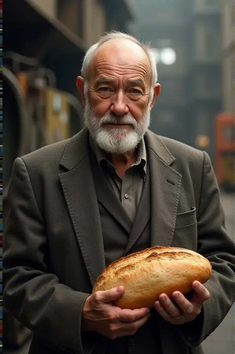 Russian 66 old man with bread founder of the company that is selling machine. 