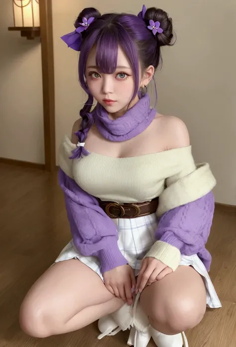 (Realistic painting style:0.9), masterpiece, Highest quality, Absurd, View your viewers, alone, Stingy (Lantern Ceremony) (Genshin Impact), Stingy (Genshin Impact), Hair Bun, skirt, scarf, purple sweater, white skirt, Purple Hair, sweater, Twin tails, Purp...