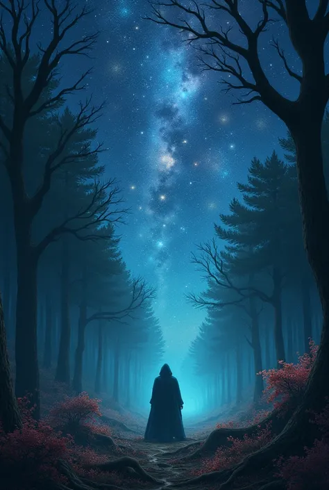 A starry sky above the forest, but with a mysteriously dark area where the wizard was supposedly trapped.