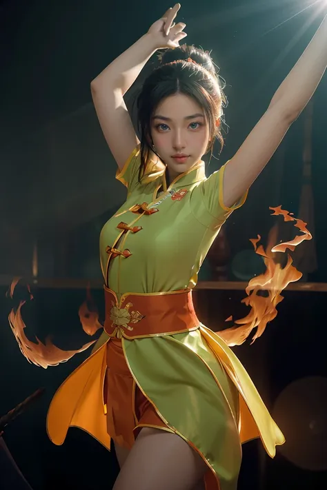 fisheye lens with flames in background, chinese girl dancing swords, dressed in tang costume, a person, upward light, ray tracin...