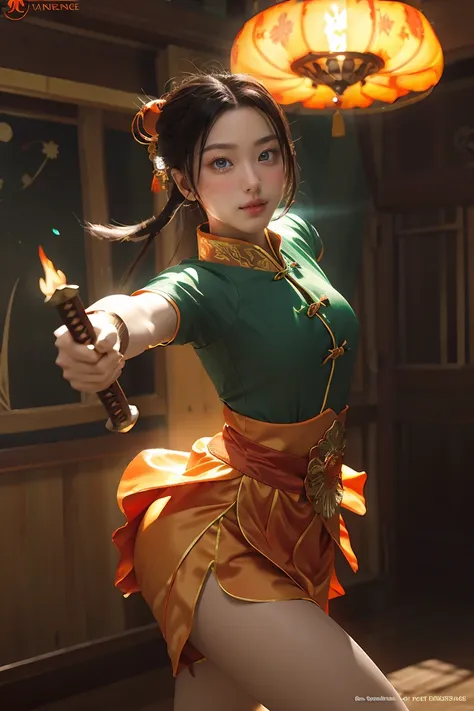 Fisheye lens with flames in background, Chinese girl dancing swords, dressed in Tang costume, a person, upward light, ray tracing, edge light, glow effect, exaggerated action, exaggerated perspective, orange, green, realistic ultra-fine rendering wind, sup...