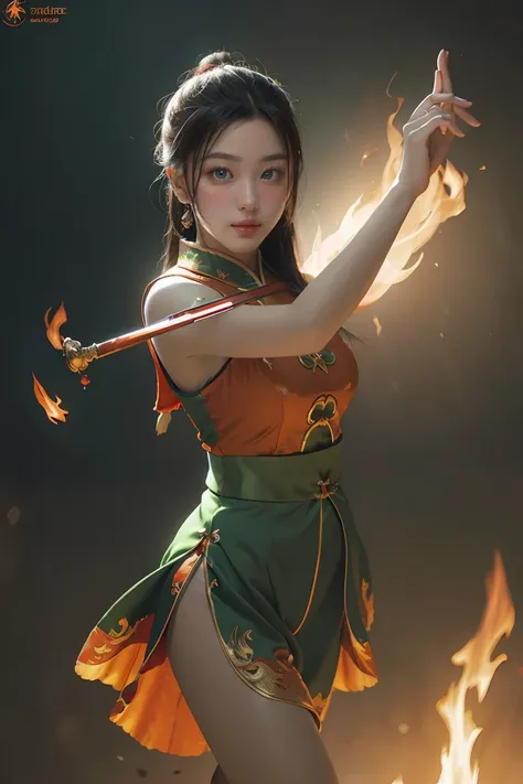 Fisheye lens with flames in background, Chinese girl dancing swords, dressed in Tang costume, a person, upward light, ray tracing, edge light, glow effect, exaggerated action, exaggerated perspective, orange, green, realistic ultra-fine rendering wind, sup...