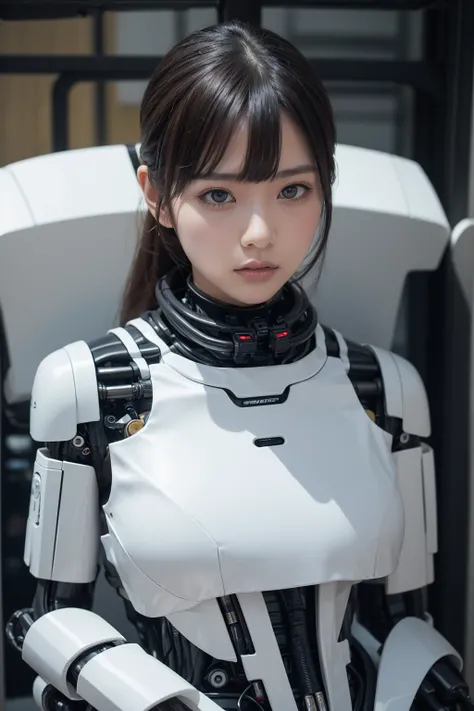 masterpiece, best quality, extremely detailed,  Japaese Cyborg girl,Plump , control panels,android,Droid,Mechanical Hand, Robot arms and legs, Black Robot Parts,Black hair,Mechanical body,Blunt bangs,White robotics parts,perfect robot girl,long tube,thick ...