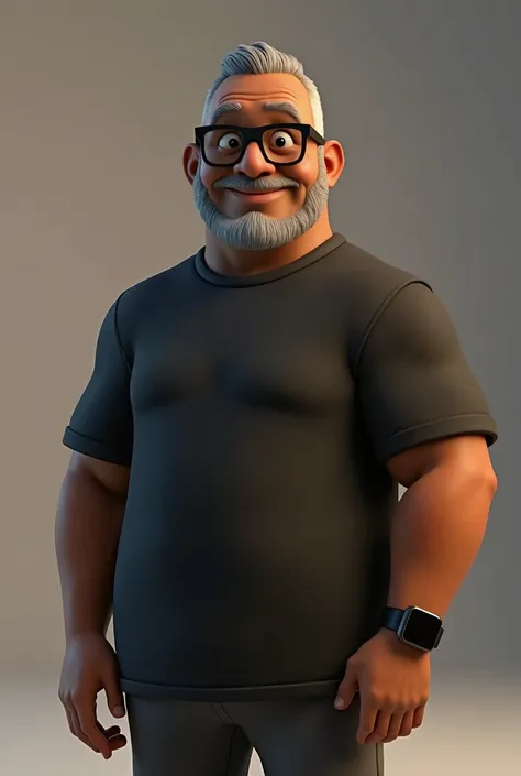 Create a stylized 3D cartoon character of a middle-aged black man with very short hair, wearing modern black glasses. The character should have a broad build but without a belly or muscular physique, and a friendly expression, but not smiling. His skin ton...