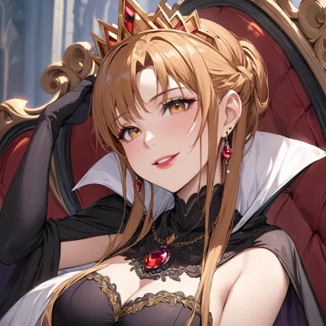 ((Highest quality)), ((masterpiece)), (detailed), （Perfect Face）、The woman is the evil queen Grimhild, Yuki Asuna, with bright brown hair in a semi-long style, wearing lipstick, thick eyeshadow, and heavy makeup.、The woman is dressed as an evil queen, wear...