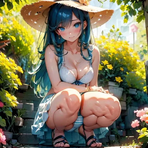 1girl, 独奏, (show off underwear: 1.4), ass pov, (light blue underwear: 1.2), masterpiece, best quality, absurdres, long hair, (shiny skin: 1.2), close up nether region, sunshine, (squatting: 1.2), summer Please draw a stylish girl in costume. Shes wearing a...