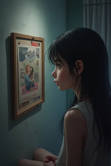 Girls gaze drifting to the framed poster hanging on the wall