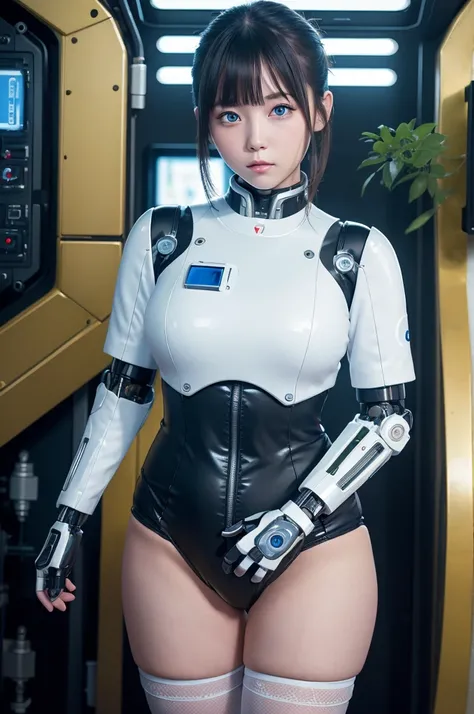 masterpiece, best quality, extremely detailed,8k portrait, Japanese android girl,Plump ,control panels,robot arms,robot,android,cyborg,white robot body,blunt bangs,robot repair plant,black knee high socks,blue eyes