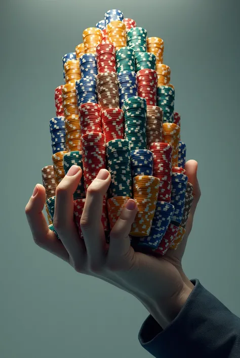 A hand holding a huge pile of poker chips from above。Impressive。