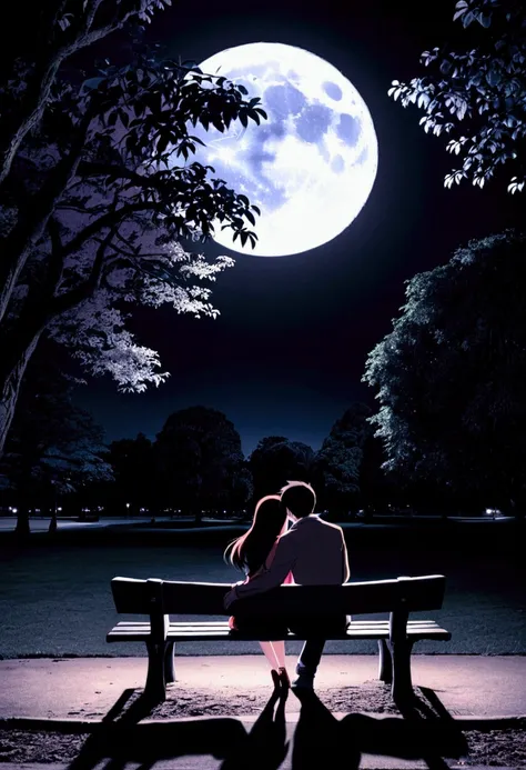 back view, anime style, a couple sitting on a bench in the park, at night, (valentine mood :1.2), full moon, heart-shaped shadow...