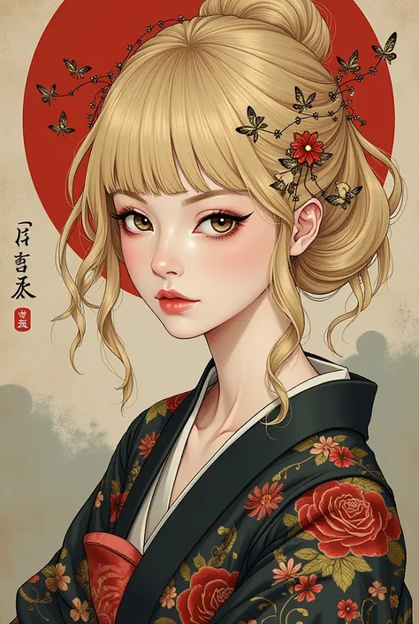 there is a painting of a woman with a geisha-style hair, Blonde hair, Inspired by Tsukioka Yoshitoshi, shigenori soejima illustration, in the art style of ukiyo - e, onmyoji portrait, inspired by Yoshitoshi ABe, Anime Art Nouveau, korean art nouveau anime,...