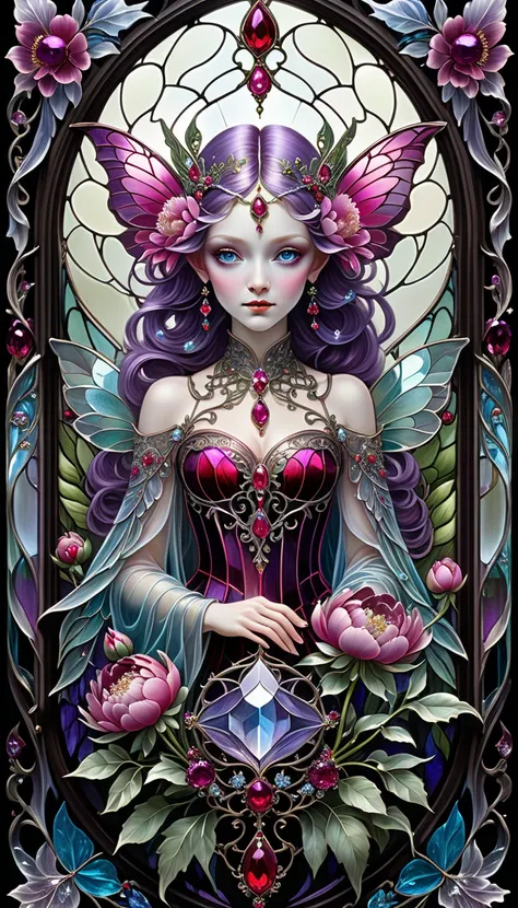 triadic colors, cinematic, official art, close fairytale transparent glass fey ruby peony flowers, ice hoarfrost, baroque, Craola, highly detailed stained glass wings, amethyst crystals, labradorite iridescent crystals, Andy Kehoe, John Blanche, complex hi...