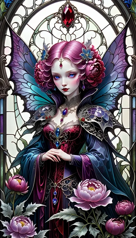 triadic colors, cinematic, official art, close fairytale transparent glass vampire ruby peony flowers, ice hoarfrost, baroque, Craola, highly detailed stained glass wings, amethyst crystals, labradorite iridescent crystals, Andy Kehoe, John Blanche, comple...