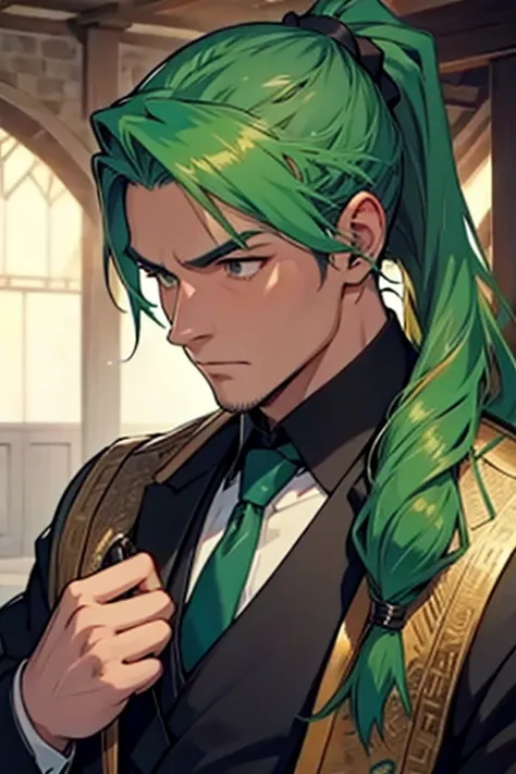 Green Hair、ponytail、Man wearing headphones、Black suit、Medieval European aristocratic necktie